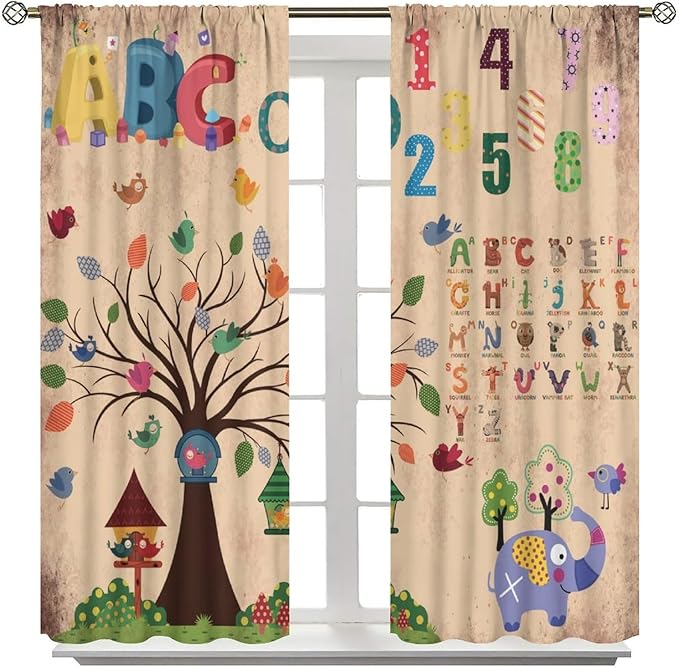 Animal Alphabet Numbers Tree Curtain Learning ABC Letters Birds Numbers Home Printed Rod Pocket Window Treatments for Bedroom Living Room Playroom Nursery 42" W X 54" L