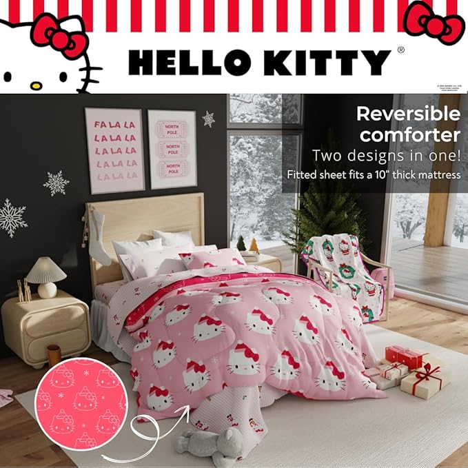 Sanrio Hello Kitty Holiday & Christmas Bedding Soft Comforter and Sheet Set with Sham, 5 Piece Twin Size, (Officially Licensed Product) by Franco