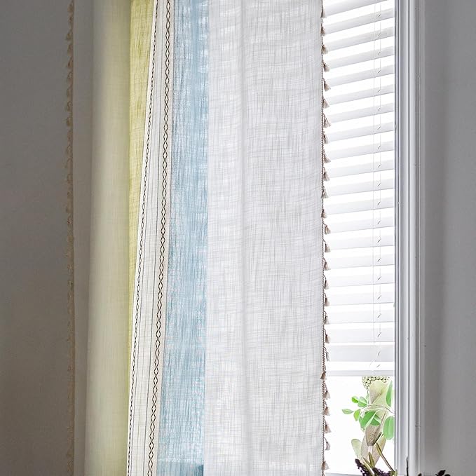 Deeprove Boho Linen Curtains 96 inch Long for Bedroom Living Room, French Retro Farmhouse Tassels Window Treatment Bohemian Embroidery Drape Rod Pocket 1 Panel 52" W x 96" L, Blue and Sage Green