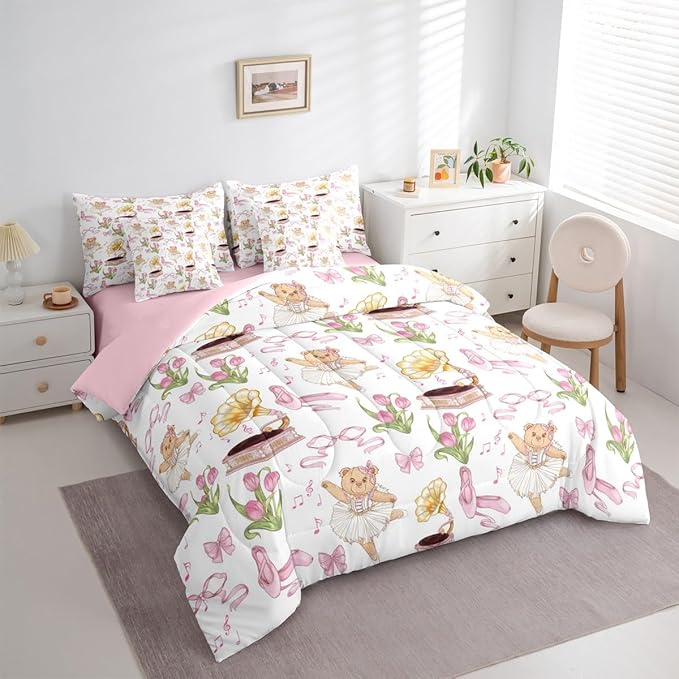 Pink Bowknot Princess Comforter King Size,Ballet Shoes Bear Dancer Cartoon 7 Pcs Bedding Set,Tulip Flower Music Note Record Decor,Bow Tie Romantic （Fitted+Sheet+2 Pillowcases+2 Throw Pillow Covers）