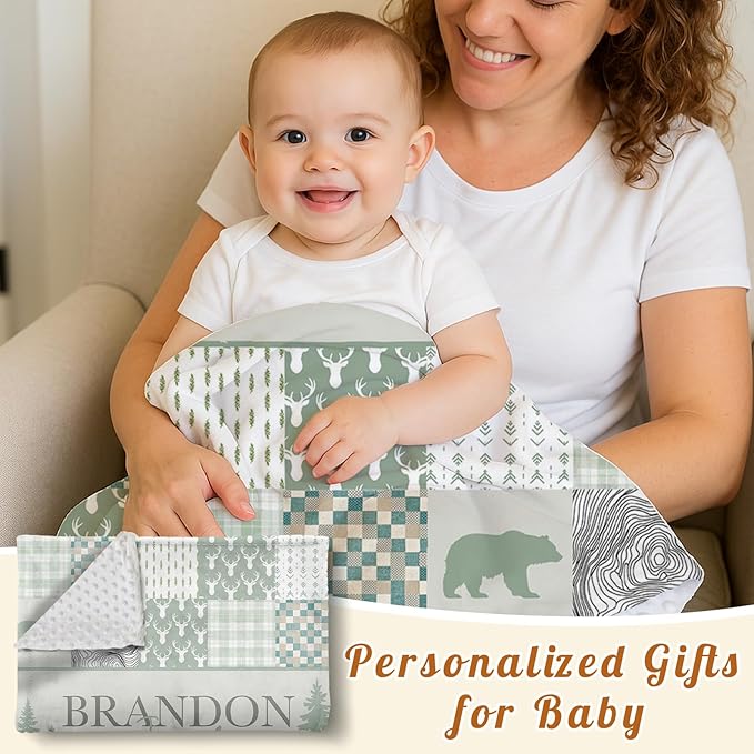Personalized Rustic Woodland Baby Blanket - Custom Name Bear & Deer Design, Soft Blanket with Double Layer Dotted Backing for Infants Toddlers, Ideal Nursery Decor (60" x80)