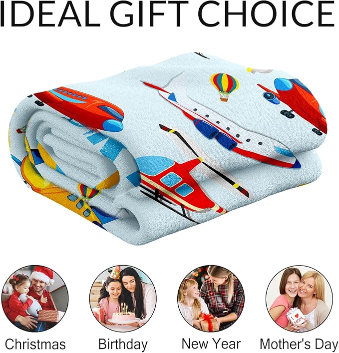 Personalized Airplane Throw Blanket Gift - 30" x 40" Inches Lightweight Warm Blanket for Lap, Couch, Office - Blue Cartoon Throw for Boys Kids