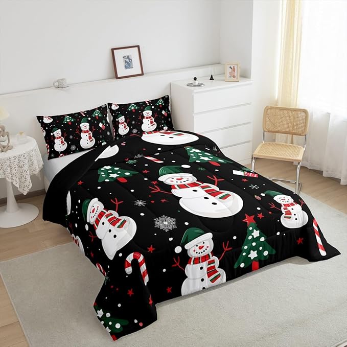 jejeloiu Kids Cute Winter Snowman Comforter Set Queen Size Christmas Theme Bedding Set for Boys Girls Teens Xmas Candy Cane Snowflake Happy New Year Duvet Quilt Room Decor