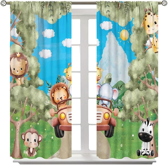 Jungle Animals Curtains, Cartoon Safari Animals Tropical Forest Leaf Blackout Window Treatments, Rod Pocket Thermal Insulated Drapes 2 Panel Sets for Kids Bedroom Nursery Classroom, 84"W X 84"L