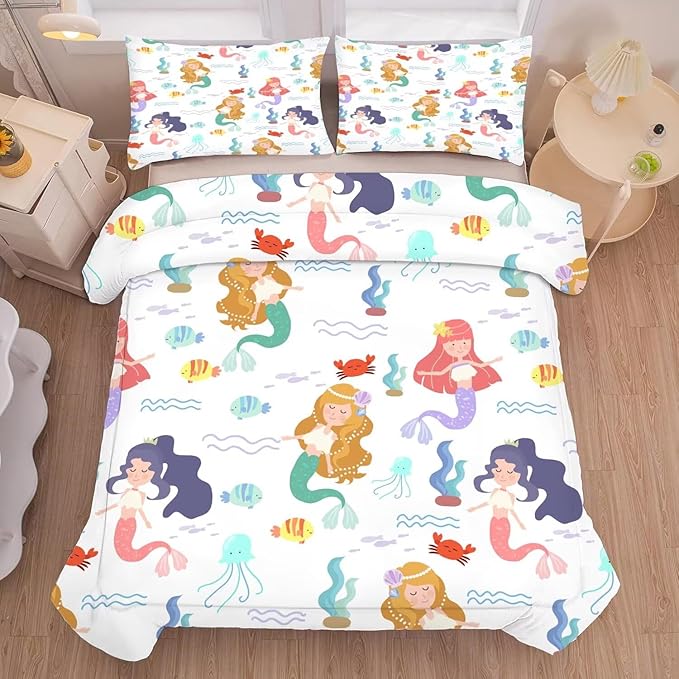 kxry Little Mermaid Princess Comforter Set Queen Size Fairy Tale Sea Shell Grass Bedding Sets for Girls Teens Kids Soft Microfiber Lightweight Comforter Set with 1 Comforter + 2 Pillow Cases