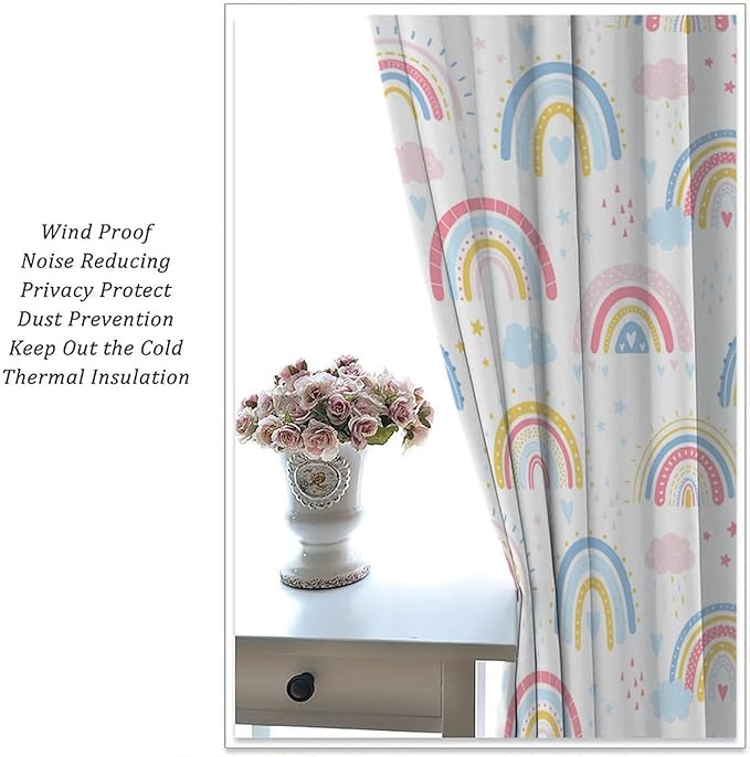 Kids Rainbow Curtains Boho Cartoon Colorful Stars Love Heart Lovely Abstract Art Pattern Print Window Drapes for Girl Bedroom Living Room Kitchen Decor,2 Panel Set,42Wx45H Inch Blackout