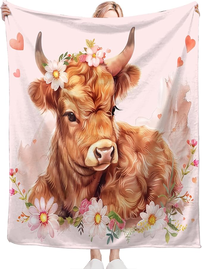 Tijuboni Pink Cow Throw Blanket Highland Cow Gifts for Girls Women Boys Men Kids Adults Soft Flannel Fleece Blanket for Couch Sofa Bed Home Decor 60"x80"