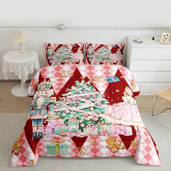 jejeloiu Christmas Nutcracker Comforter Set Full Size Gingerbread Man Bedding Set for Kids Boys Girls Xmas Tree Duvet Quilt Red Bedroom Decor