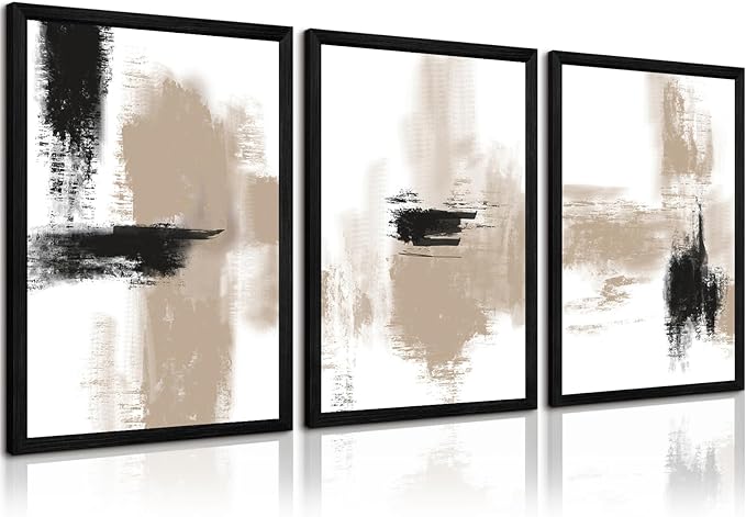 Beige Abstract Wall Art Painting Set of 3 Neutral Canvas Wall Art Prints Black Beige Modern Wall Decor Minimalist Art Pictures Abstract Modern Artwork for Room Bedroom 12x16 Inch Wood Framed