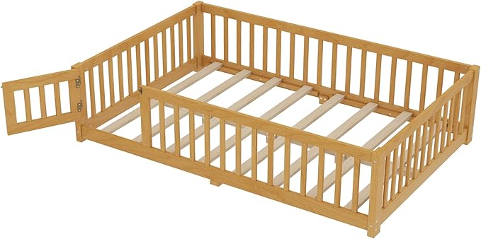 Bellemave Full Size Floor Bed with Rails for Kids, Girls, Boys, Pine,Plywood Floor Bed with slats and Door, Natural