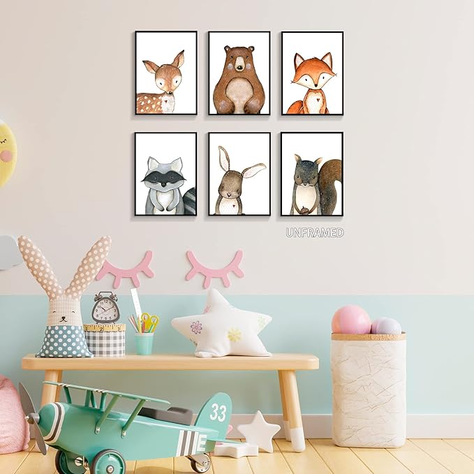 gooptyinh 6 Pieces Woodland Animals Nursery Canvas Wall Art Cute Safari Jungle Animal Deer Bear Bunny Pictures Room Posters Farmhouse Forest Theme Fox Squirrel Raccoon Prints Decor 12x16in Unframed