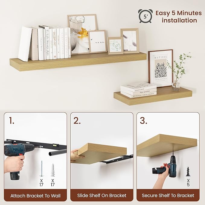Vivelove 12 Inch Deep Floating Shelves 48 inch Long, 2 Inch Thick Wall Shelves with Invisible Brackets, Shelf for Bedroom Bathroom Living Room Kitchen Office Home Decor, Modern Shelf Set of 2, Oak