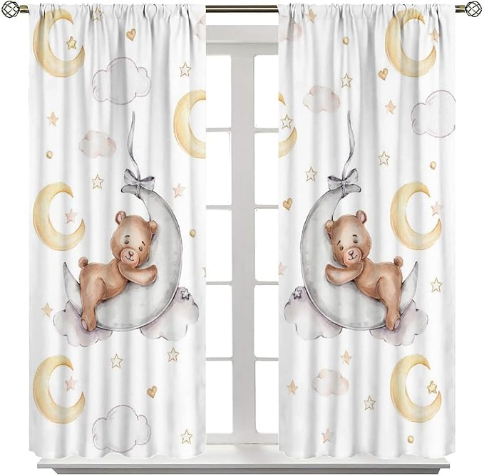 Cartoon Bear Curtains, Cartoon Watercolor Lovely Bear Moon Stars Printed Window Treatments, Rod Pocket Thermal Insulated Drapes 2 Panel Sets for Kids Bedroom Nursery Classroom, 42" W X 45" L