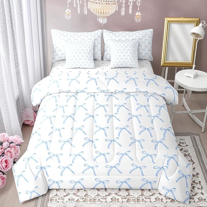 Manfei 7 Pieces Cartoon Bowknot Kids Comforter King Size,Bow Tie Knot Geometric Patchwork Fashion Bedding Set,Hand-Painted Sketch Blue Noble（Comforter+Fitted+Flat+2 Pillowcases+2 Throw Pillow Covers）