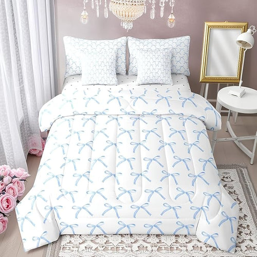 7 Pieces Cartoon Bowknot Kids Comforter Queen Size,Bow Tie Knot Geometric Patchwork Fashion Bedding Set,Hand-painted Sketch Blue Noble（Comforter+Fitted+Flat+2 Pillowcases+2 Throw Pillow Covers）