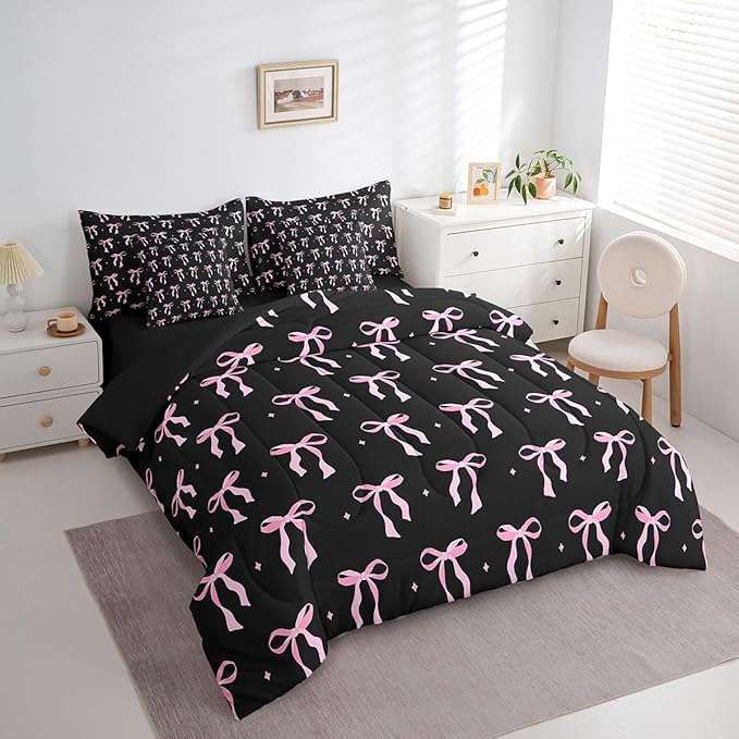 7 Pieces Pink Bowknot Kids Comforter Queen,Stars Watercolor Bow Tie Patchwork Bedding Set,Butterfly Knot Princess Black Noble Chic（Comforter+Fitted+Flat Sheet+2 Pillowcases+2 Throw Pillow Covers）