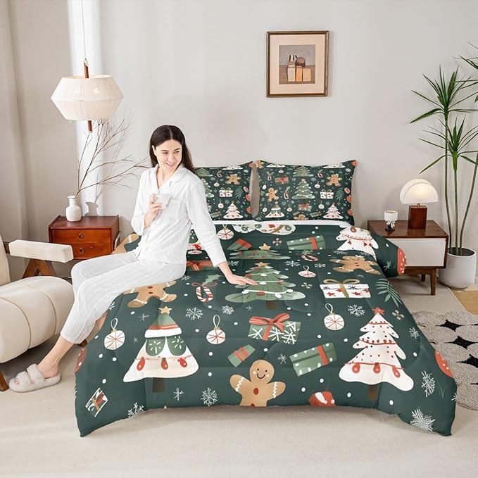 Feelyou Christmas Comforter Set Queen Size Xmas Tree Bedding Set for Kids Boys Girls Gingerbread Man Duvet Quilt New Year Gift Bedroom Decor Microfiber 3 Pcs with 2 Pillow Cases