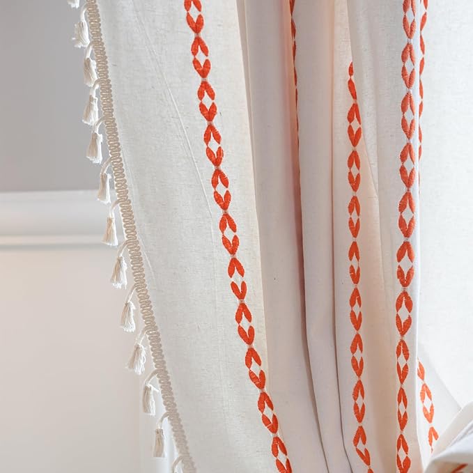 Deeprove Rust Orange Boho Curtains 72 inches Length for Living Room Bedroom Nursery, Vintage Chic Bohemian 72 inches Long Embroidery Farmhouse Tassel Privacy Window Treatments W52 x L72, 1 Panel