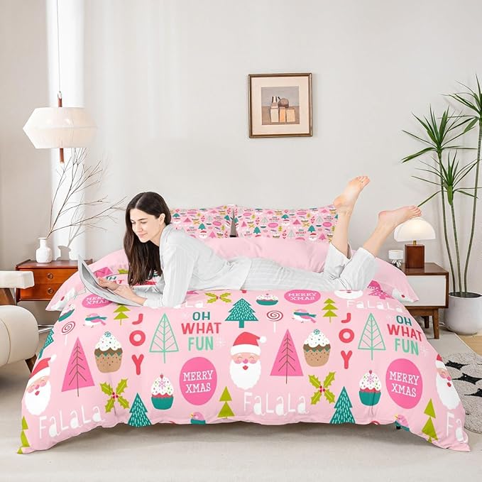Feelyou Christmas Kids Bedding Set Cartoon Santa Claus Duvet Cover for Boys Children Teens Bedroom Decor Christmas Tree Comforter Cover Set Xmas Theme Bedspread Cover Twin Size with 1 Pillow Case