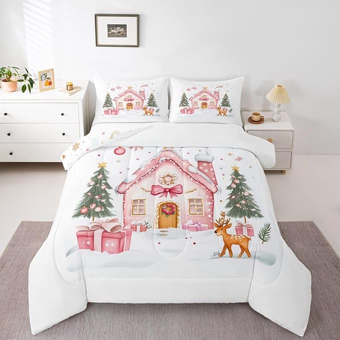 Feelyou Gingerbread House Bedding Set Soft for Boys Girls, Christmas Tree Comforter Set Queen Size Reindeer Duvet Quilt Microfiber Snowflake Bedroom Decor Holiday Scene 3 Pcs with 2 Pillow Cases