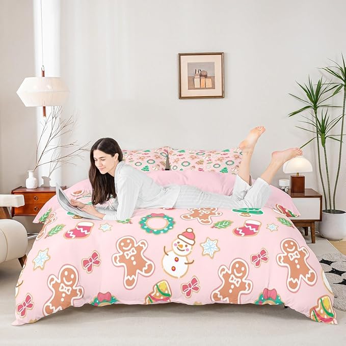 Feelyou Christmas Comforter Cover Cartoon Snowman Christmas Tree Bedding Set Gingerbread Man Xmas Theme Duvet Cover for Kids Boys Girls Microfiber Pink Bedspread Cover Room Decor Bedclothes Twin Size