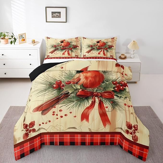 jejeloiu Kids Red Cardinal Comforter Set Twin Size Christmas Red Black Plaid Bow Bedding Set for Boys Girls Teens Xmas Birds Animal Winter Wood Plank Duvet Quilt Room Decor