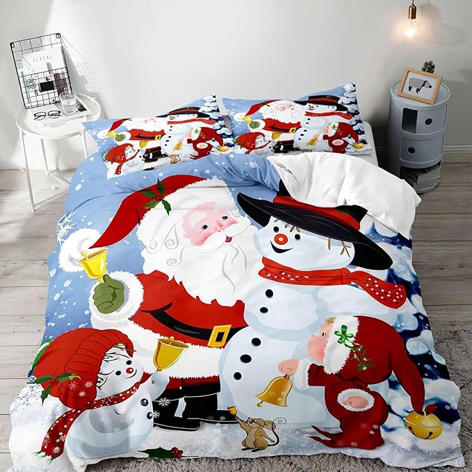 LUVIVIHOME 3PCS Christmas Duvet Cover Queen Bedding, Boys Girls Kids Bedding, Cartoon Cute Snowman Santa Claus Winter Holiday New Year Xmas Christmas Comforter Bedspread Quilt Cover, 2 Pillow Cases