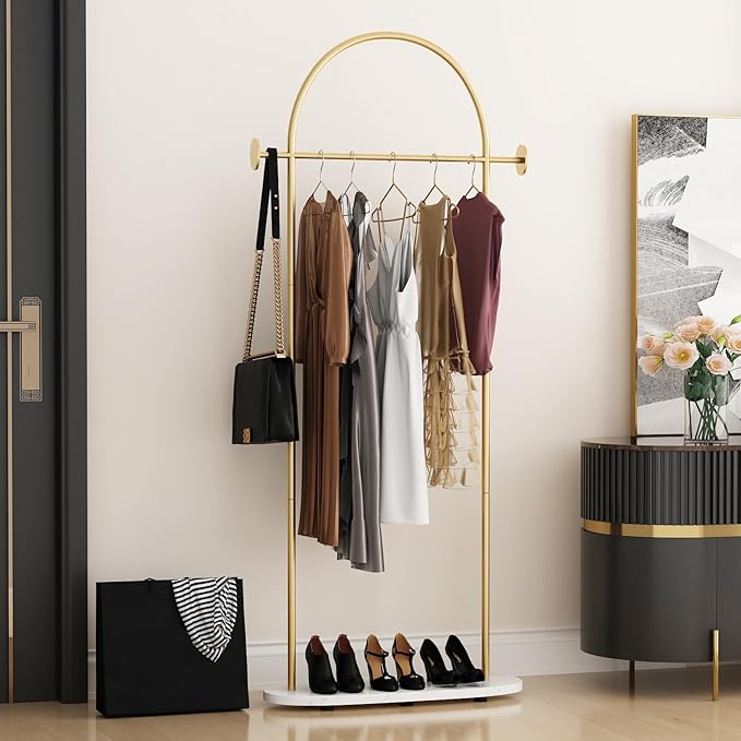 Gold Clothing Rack with Marble Base, Modern Gold Coat Racks Freestanding with 2 Hooks, Heavy Duty Clothes Rack, Coat Rack Stand for Entryway, Bedroom, Living Room, Boutiques