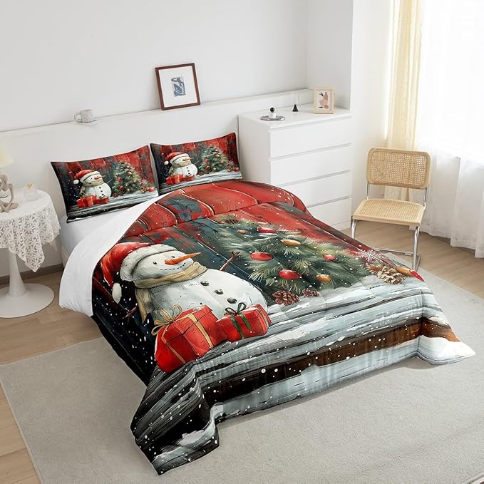 Merry Christmas Bedding Set Full Size,Snowman Christmas Tree Comforter Set for Kids Boys Girls Room Decor,Snowflake Winter Theme Duvet Insert 3Pcs,Retro Rustic Barn Stripes Quilt Set,2 Pillowcases