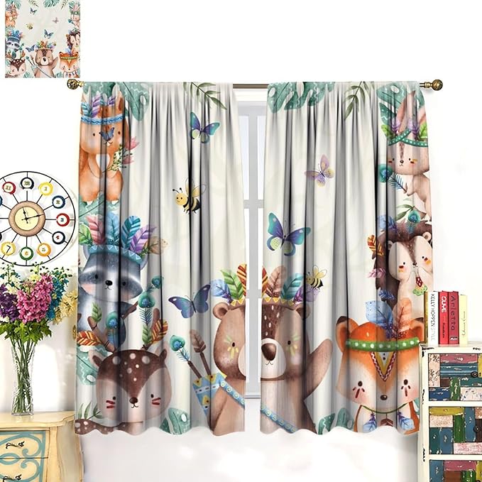 Jungle Safari Curtains, Cute Cartoon Forest Animals Pattern Blackout Window Treatments, Rod Pocket Thermal Insulated Drapes 2 Panel Sets for Children Boys Bedroom Nursery Classroom, 52" W X 84" L