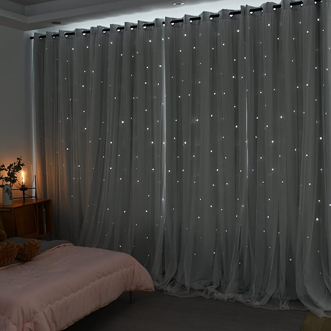 Kinryb Kids Star Cutout Curtains for Bedroom/Living Room/Classroom,2 Free Tiebacks Sheer Overlay 2 Panel Set, Double Layer Curtains for Kids Room(Each Piece W70xL72 Inches 2 Pcs Greyish White)
