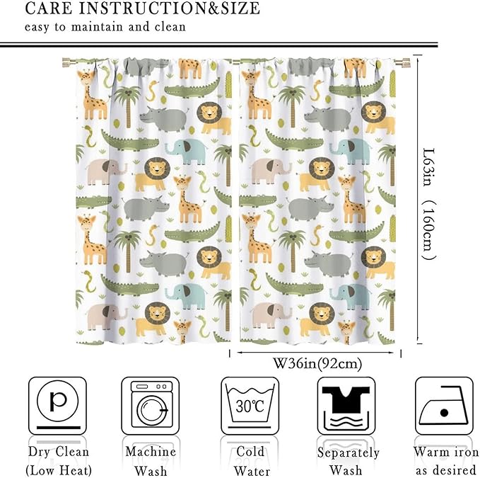 Nursery Safari Animals Window Curtains,Cartoon Woodland Jungle Forest Lion Elephant Giraffe Printed Pattern Blackout Drapes for Living Room Baby Boy Kids Bedroom 72x63in