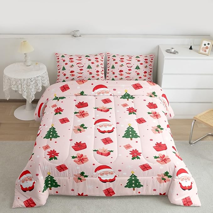 Feelyou Christmas Decor Bedding Set Soft for Boys Girls, Santa Claus Comforter Set Queen Size Xmas Duvet Quilt Microfiber Christmas Decor Bedroom Decor 3 Pcs with 2 Pillow Cases