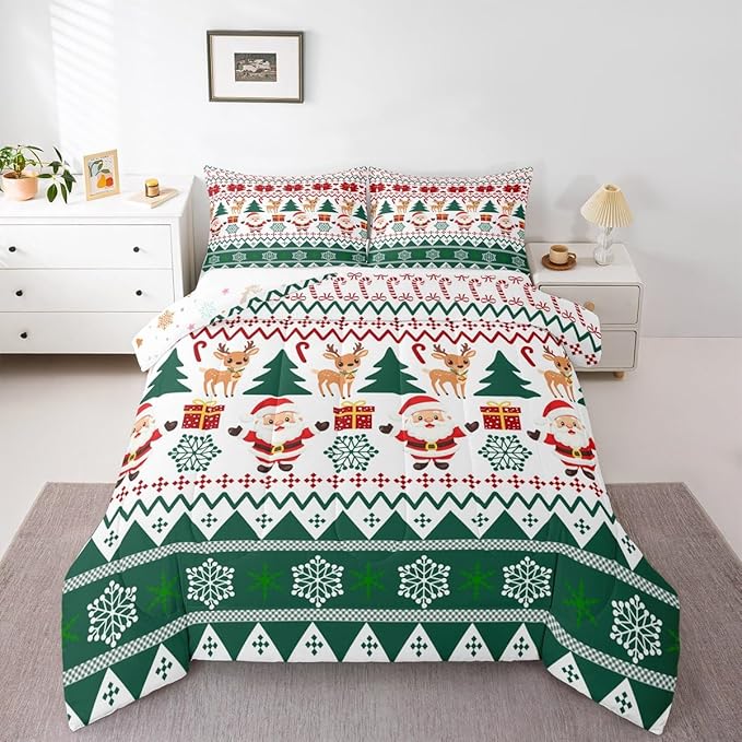 Feelyou Merry Christmas Kids Comforter Set Toddler Size Santa Claus Bedding Set Cute Deer Duvet Quilt for Kids Boys Girls Bedroom Snowflake Decor Microfiber Ultra Soft Breathable