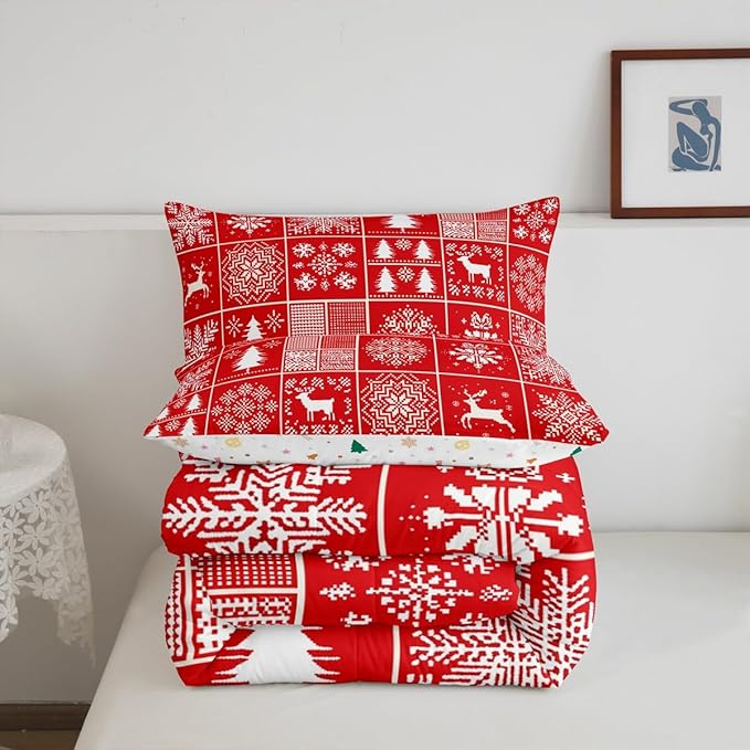 Kids Merry Christmas Comforter Set Queen Size,Deer Snowflake Pines Silhouette Bedding,Girls Boys Adults Bedroom/Xmas Cabin Decor,Geometric Lattice Down Comforter,Red Bright Duvet Insert,2 Pillowcases