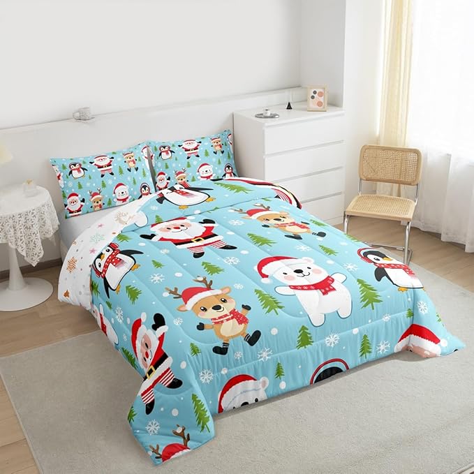 Feelyou Christmas Comforter Set Twin Size Santa Claus Bedding Set for Kids Boys Girls Penguin Deer Duvet Quilt Xmas Snowflake Tree Bedroom Decor Microfiber 2 Pcs with 1 Pillow Cases