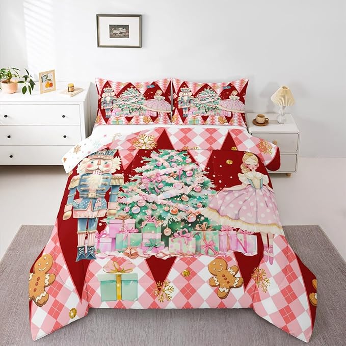 jejeloiu Christmas Nutcracker Comforter Set King Size Gingerbread Man Bedding Set for Kids Boys Girls Xmas Tree Duvet Quilt Red Bedroom Decor