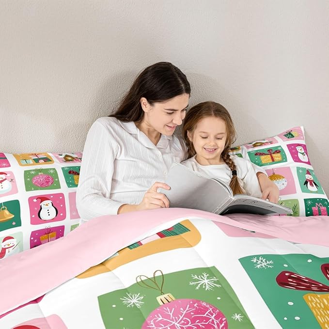 Feelyou Happy New Year Bedding Set Soft for Boys Girls, Christmas Decor Comforter Set Twin Size Merry Christmas Duvet Quilt Microfiber Winter Penguin Bedroom Decor 2 Pcs with 1 Pillow Cases