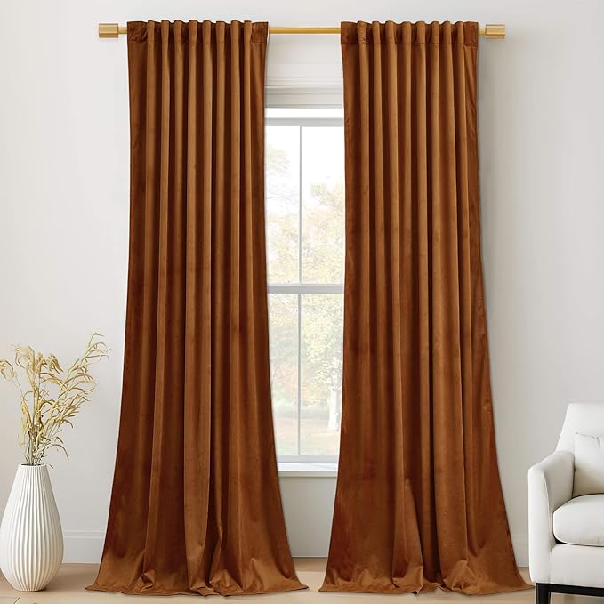 StangH Burnt Orange Curtains 92 inches Long Fall Super Soft Velvet Room Darkening Thermal Insulated Window Drapes Back Tab Luxury Decor for Bedroom Living Room, W52 x L92, 2 Panels