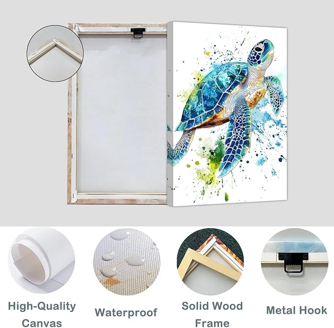AWPANERAR Sea Turtle Wall Art Bathroom Pictures Watercolor Sea Life Canvas Prints Ocean Animal Poster Nautical Theme Artwork for Kids Room Nursery Decor Framed (White, (24L x 16W))