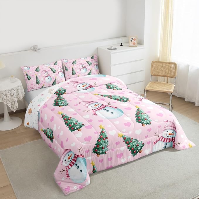 Feelyou Merry Christmas Comforter Set All Season Cute Snowman Bedding Set with 2 Pillow Cases Christmas Tree Microfiber Kids King Bedclothes Love Hearts Duvet Quilt Breathable Soft Lightweight