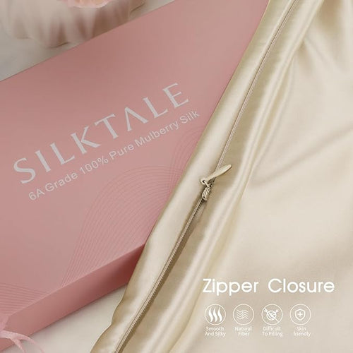 100% Mulberry Silk Pillowcase with Hidden Zipper,Both Sides Pure Silk Breathable Pillow Case for Hair and Skin,19 Momme Grade 6A,1pc,Beige,Queen Size 20x30 Inches