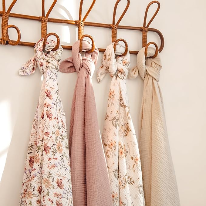 lulumoon Muslin Swaddle Blankets for Baby: Soft Cotton Newborn Receiving Blankets - Floral Print Nursery Gift Set for Baby Girls(Sand Flower)
