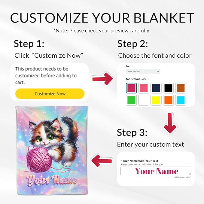 Personalized Blanket for Girls - Custom Cat Blankets for Cat Lovers - Comfy Plush Kitten Theme Stuff Gifts for Sofa, Living Room