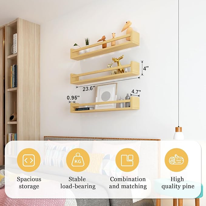 Floating Nursery Book Shelves for Wall, 23.6 Inch Nature Solid Wood Wall Mounted Bookshelf Set of 3, Hanging Bookshelves for Kids Room, Bedroom Nursery Decor and Book Storage (Wood-B)