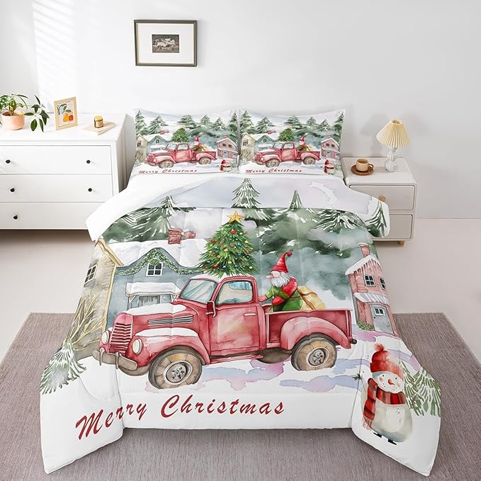 Red Old Truck Comforter Set King Size,Christmas Tree Gnome Duvet Insert for Kids Boys Girls Room Decor,Snowman Winter Rustic Style Bedding Set 3Pcs,Merry Christmas Retro Quilt Set,2 Pillowcases