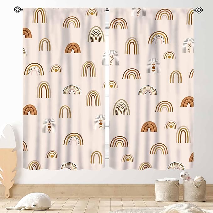 Rainbow Curtains, Boho Pastel Cute Cartoon Aesthetic Art Printed Beige Blackout Decorative Drapery for Kids Girls Baby Bedroom Living Room Classroom Nusery Bathroom Windows 2 Panels, 42"x63" Inch