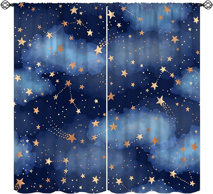 Starry Sky Blackout Curtains, Starry Scenery Blue Night Sky Stars Window Drapes for Kids Boys Girls Bedroom Living Room 55" W X 63" L