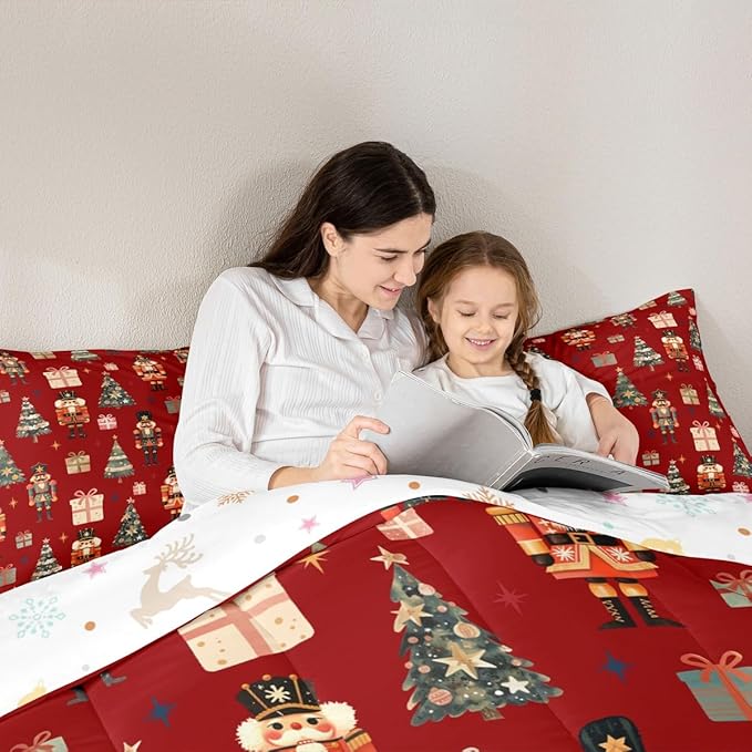 jejeloiu Xmas Nutcracker Comforter Set King Size Christmas Red Bedding Set for Kids Boys Girls Cute Snowflakes Duvet Quilt Bedroom Decor