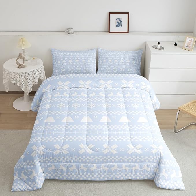 Feelyou Christmas Bedding Set for Kids Boys Girls Twin Size Xmas Deer Decor Comforter Set Ultra Soft Xmas Snowflake Comforter Winter Duvet Quilt Bedroom Decor Christmas Decorations Quilt